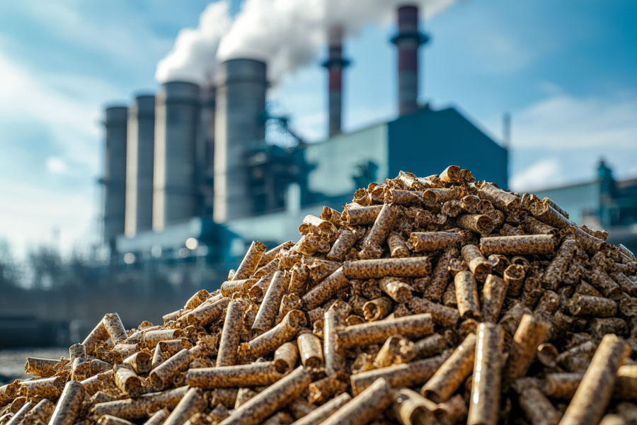 Large pile of wood pellets in front of an industrial factory emi
